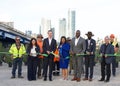 Politicians cutting the ribbon at a Clean California Press Conf in San Francisco, CA