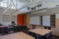 Empty grade school classroom with Apple Mac computer and empty whiteboard