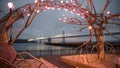 SAN FRANCISCO, CA - September 02, 2014: Oakland-bay Bridge from the lights near Pier 14 at night, San Francisco Royalty Free Stock Photo