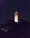 San Francisco, CA/USA - 2/1/2020: Coit Tower Atop Telegraph Hill lighted at night Royalty Free Stock Photo