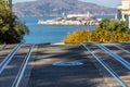 San Francisco cable car tracks and Alcatraz Island in background Royalty Free Stock Photo