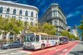 San Francisco, California - August 6, 2017: Buildings from Market and Fifth Street. Bank of America and Flood Building Royalty Free Stock Photo