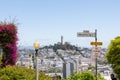 View of Coit Tower on a beautiful sunny day from the top of Lombard Street and Montclair Terrace Royalty Free Stock Photo