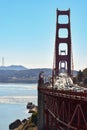 People and traffic crossing the iconic Golden Gate Bridge in San Francisco California