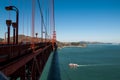 SAN FRANCISCO, CALIFORNIA - SEPTEMBER 8, 2015 - Golden Gate Bridge with pedestrians crossing and boat passing under Royalty Free Stock Photo