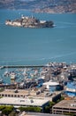 SAN FRANCISCO, CALIFORNIA - SEPTEMBER 9, 2015 - View of Pier 39 and Alcatraz Island from Coit Tower Royalty Free Stock Photo