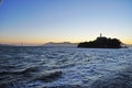 San Francisco, bay, Alcatraz, island, port, harbor, sailboat, sailing, Pacific Ocean, California, United States, sunset Royalty Free Stock Photo