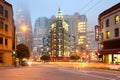 Light trails at Columbus Avenue with Sentinel building and Transamerica Pyramid Building at the back