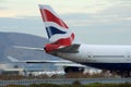 SAN FRANCISCO, CALIFORNIA, UNITED STATES - NOV 27th, 2018: Tail fin of a British Airways Boeing 747 at San Francisco