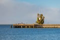 Wooden bridge with a building covered with palm trees, San Francisco, California, USA