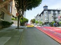 San Francisco, California, USA - May 04, 2016: The typical street with cable car tracks