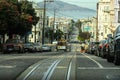 San Francisco, California, USA, 2019, November 9th Cable car on the street of San Francisco