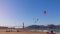 San Francisco - California, USA. October 27, 2019: Beautiful view of San Francisco Crissy Field beach with the kitesurfers in the Royalty Free Stock Photo