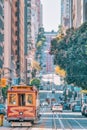 San Francisco, California, USA - October 16, 2021, the cable car ascends the popular hill of Powell Street in the vibrant downtown Royalty Free Stock Photo