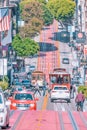 San Francisco, California, USA - October 16, 2021, the cable car ascends the popular hill of Powell Street in the vibrant downtown Royalty Free Stock Photo