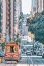 San Francisco, California, USA - October 16, 2021, the cable car ascends the popular hill of Powell Street in the vibrant downtown Royalty Free Stock Photo