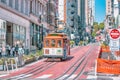 San Francisco, California, USA - October 16, 2021, the cable car ascends the popular hill of Powell Street in the vibrant downtown Royalty Free Stock Photo