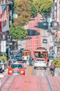 San Francisco, California, USA - October 16, 2021, the cable car ascends the popular hill of Powell Street in the vibrant downtown Royalty Free Stock Photo