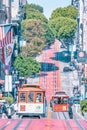 San Francisco, California, USA - October 16, 2021, the cable car ascends the popular hill of Powell Street in the vibrant downtown Royalty Free Stock Photo