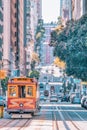 San Francisco, California, USA - October 16, 2021, the cable car ascends the popular hill of Powell Street in the vibrant downtown Royalty Free Stock Photo