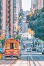 San Francisco, California, USA - October 16, 2021, the cable car ascends the popular hill of Powell Street in the vibrant downtown Royalty Free Stock Photo