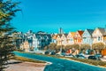 Panoramic view of the San Francisco Painted ladies Victorian Houses