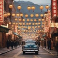 San Francisco Chinatown in the 1950s with colorful lanterns