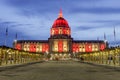 San Francisco City Hall illuminated in Red and Gold for the Chinese New Year. Royalty Free Stock Photo