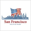 San Francisco city skyline detailed silhouette on USA flag. Vector illustration and quote. Royalty Free Stock Photo