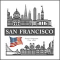 San Francisco city skyline detailed silhouette on USA flag. Vector illustration. Royalty Free Stock Photo