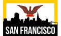 San Francisco City skyline and landmarks silhouette, black and white design with flag in background, vector illustration Royalty Free Stock Photo