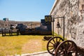 San Francisco de Campeche, Mexico: Pirate ship, bell and cannon stand at the fortress wall