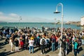 SAN FRANCISCO - FEB 05: Promenade along Pier 43 Ferry Arch at Fisherman& x27;s Wharf Royalty Free Stock Photo