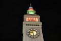 San Francisco Ferry Building, night view, colorful lights, close up. Concept, tourism, travel. Royalty Free Stock Photo