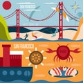 San Francisco landmarks , seafood and kite surfing horizontal Royalty Free Stock Photo