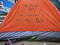 Tent with writing of Mr. Banker Man. Don't Forclose on my tent, Mr. Homeless Man at Occupy SF Royalty Free Stock Photo