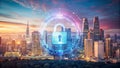 San Francisco Skyline A Creative Fusion of Cybersecurity Technology Featuring a Bokeh Effect of a Lock and