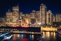 San Francisco Skyline and Ferry Building at Night with Holiday Royalty Free Stock Photo