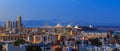 San Francisco skyline night panorama with city lights, the Bay Bridge and trail lights Royalty Free Stock Photo