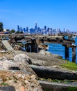 San Francisco skyline with broken dock in the foreground