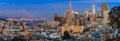 San Francisco skyline panorama at dusk with Bay Bridge and downtown skyline