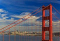 San Francisco skyline through the steel ropes of the famous Golden Gate bridge viewed from Marin Headlands, California Royalty Free Stock Photo