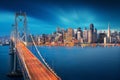 San Francisco at sunrise with Bay Bridge in foreground. Amazing view to famous America city. California theme. Art Photography