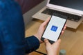 SAN FRANCISCO, US - 22 April 2019: Close up to female hands holding smartphone using Google Calendar application, San Francisco,