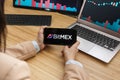 SAN FRANCISCO, US - 18 May 2019: Female Trader Hands Holding the Smartphone Using Application of BitMex Cryptocurrency Exchange Royalty Free Stock Photo