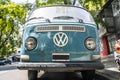 San Francisco, USA - January 15, 2023: Volkswagen vintage bus. Retro van hippie camper car on sunny street of the city.