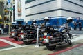 San Francisco, USA-July 22, 2019, police motorcycles are parked on a city street. The concept of law and order on the streets of