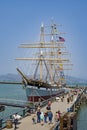 view to pier in San Francisco with Vintage 1886 sailing ship Balclutha at Maritime National Historical Park