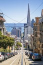 Street view of Transamerica Pyramid and Oakland Bay bridge San Francisco, California, USA, North America Royalty Free Stock Photo