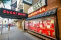 Entrance with showcase to Japanese food Sushi Boat restaurant